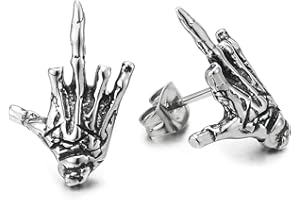 COOLSTEELANDBEYOND Mens Womens Stainless Steel Vintage Hand Skeleton Bone Stud Earrings, Screw Back, Punk Rock Gothic