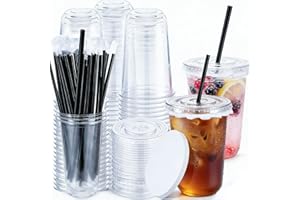50 Pack 16 oz Clear Plastic Cups with Lids and Straws Disposable Iced Coffee Round Bottom Cups for Party Wedding Birthdays Ho