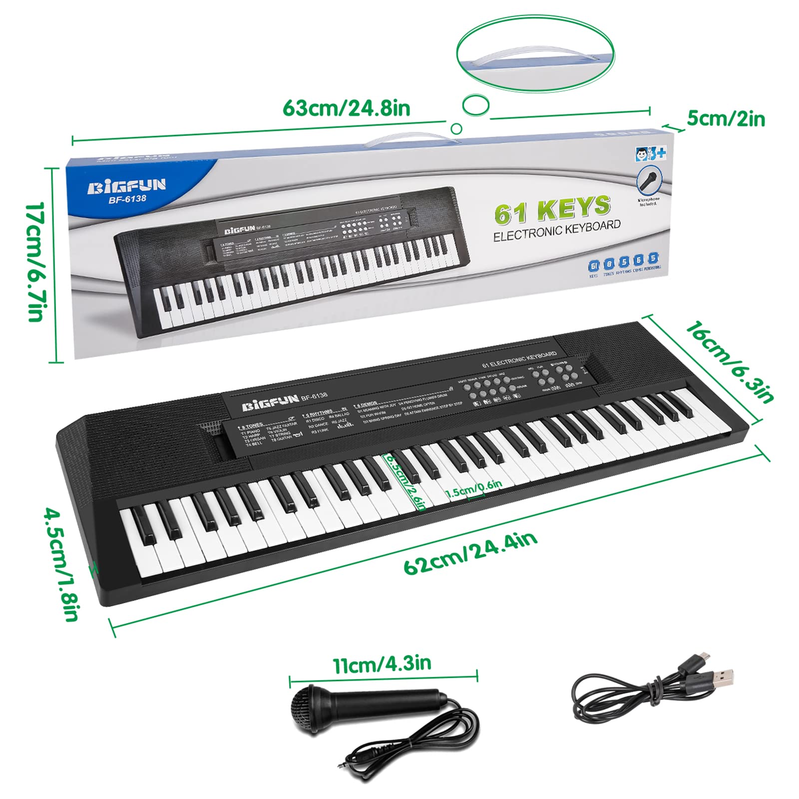 M SANMERSEN Kids Music Keyboard, 61-Key Portable Electronic Piano Toy with Microphone, Teaching Tool for Beginners, Ages 3-12, Black