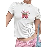 SweatyRocks Women's Cute Strawberry Graphic Crop Top Knit Slim Fit T Shirts
