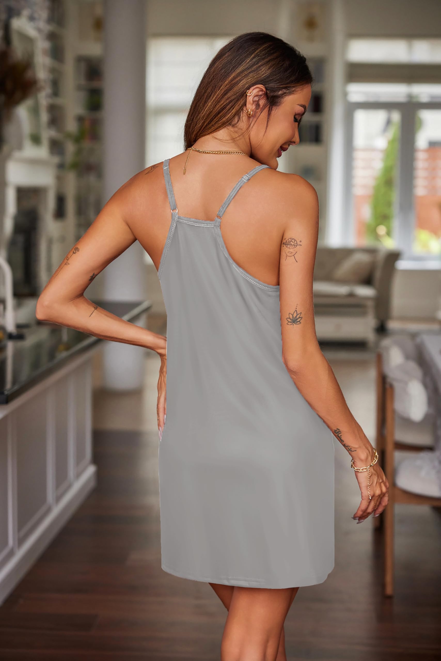 Ekouaer Nightgowns for Women Cotton Sleepwear Adjustable Spaghetti Strap Sleepshirt Racerback Night Dress with Pockets Light Grey S