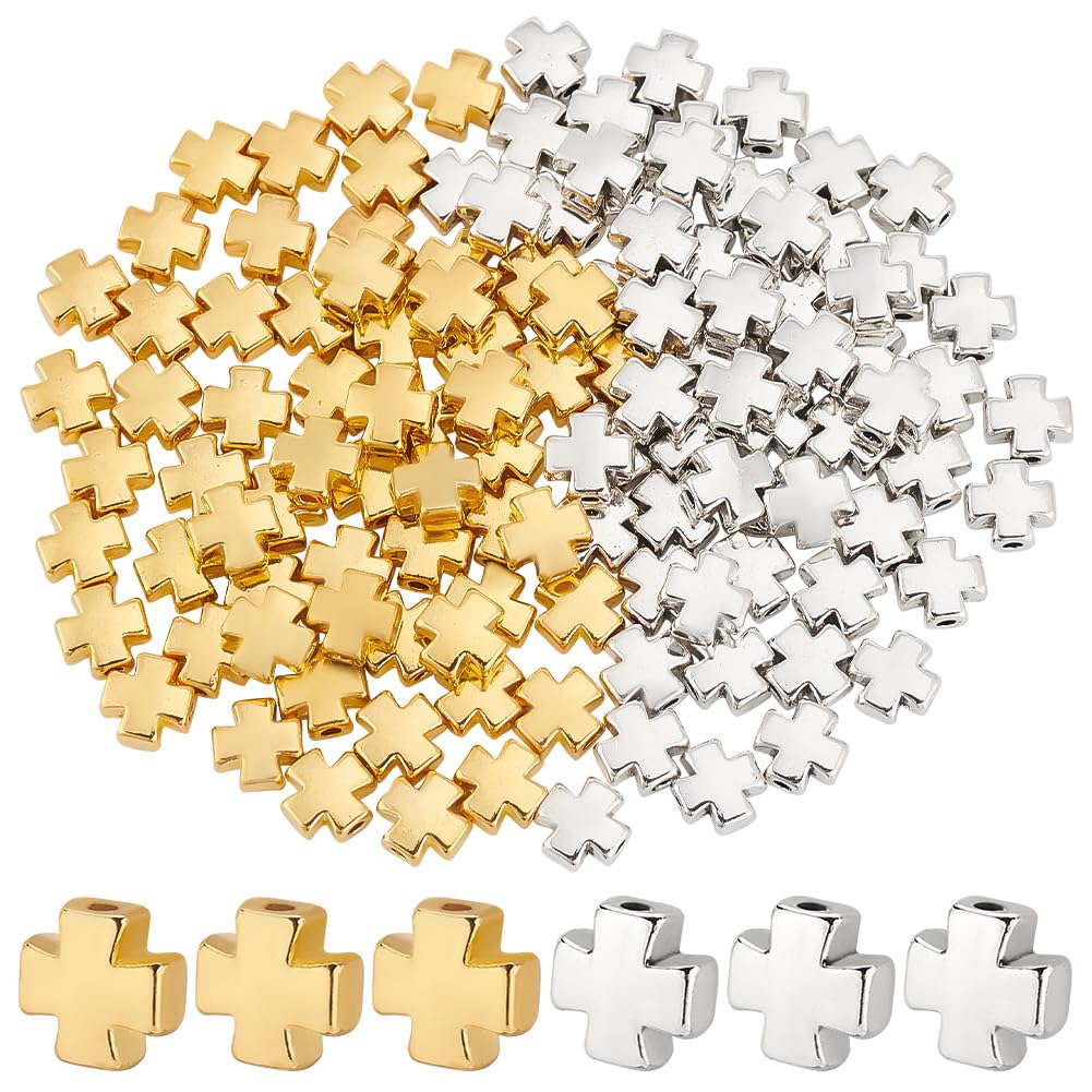 PH PandaHall 120PCS Cross Beads, 2 Colors Easter Beads Antique Cross Holy Bead Metal Loose Bead for DIY Craft Jewellery Making Findings Handmade Bracelets, 8x7.5x3.8mm, Silver/Golden