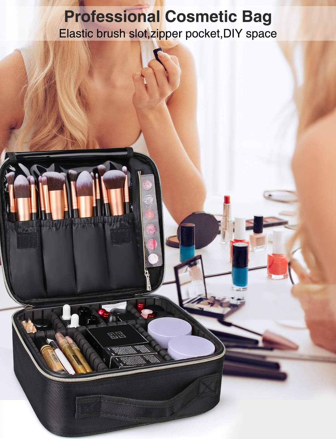 MONSTINA Makeup Train Cases Professional Travel Makeup Bag Cosmetic Cases Organizer Portable Storage Bag for Cosmetics Makeup Brushes Toiletry Travel Accessories : Beauty