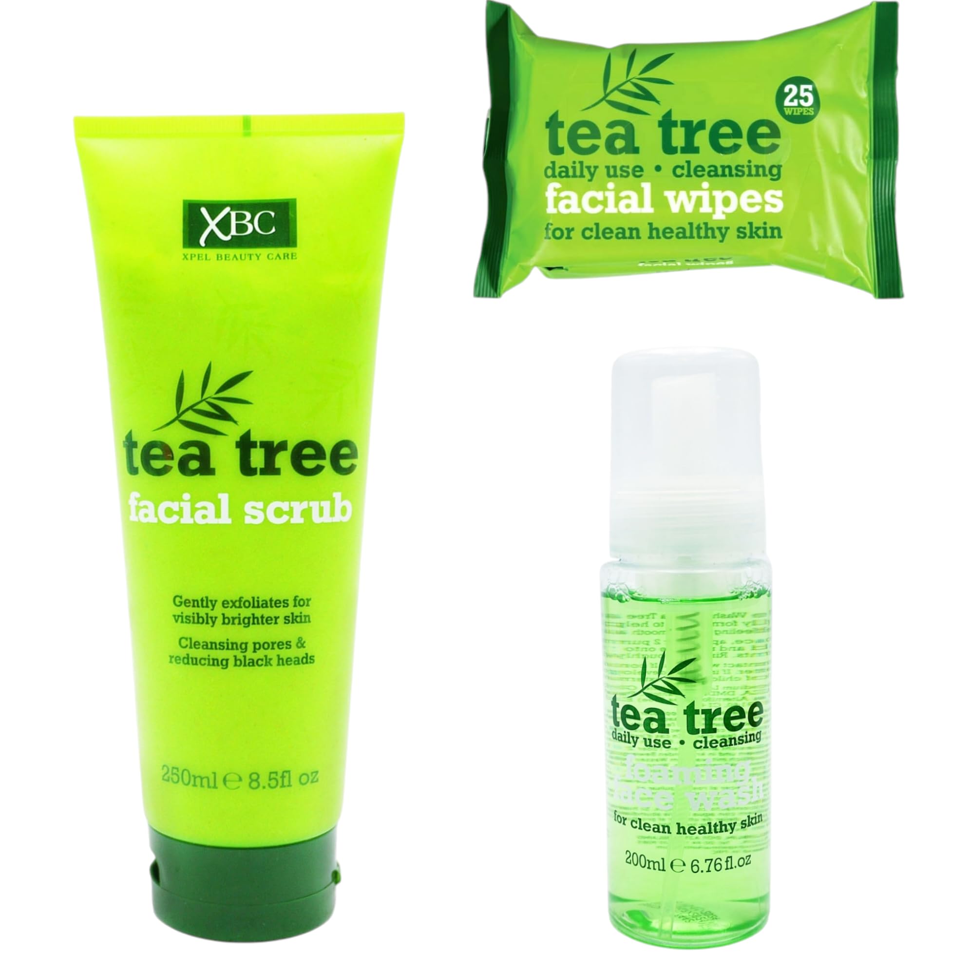 Tea Tree Face Wash 3pcs Set, Foaming Face Wash 200ml, Facial Scrub 250ml, Facial Wipes 25