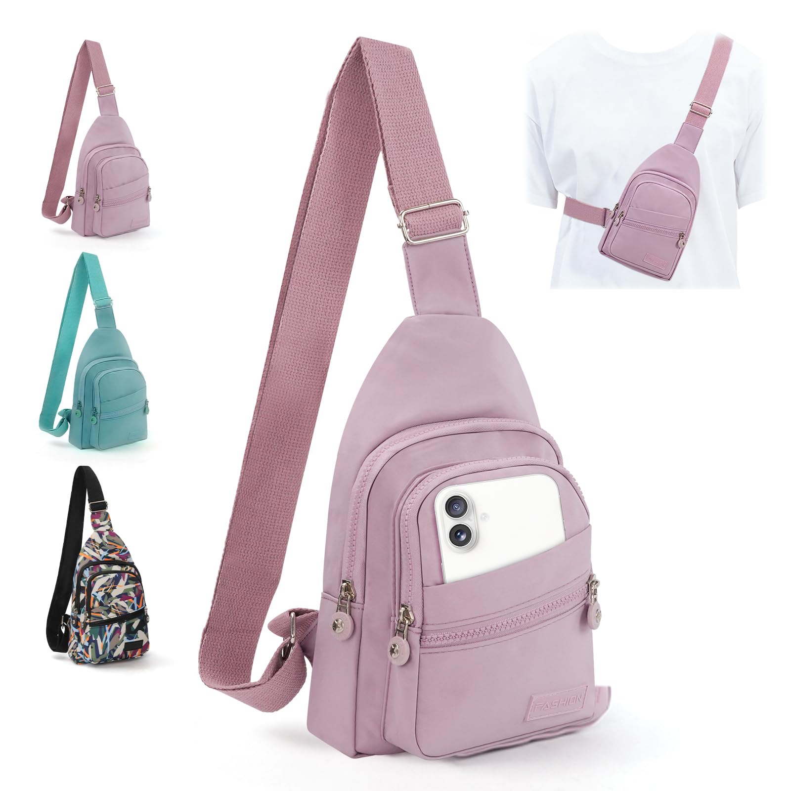 MOAMUN Small Sling Bag Women Men, Waterproof Nylon Anti Theft Cross body Bag Women, Durable Multi-Functional Chest Bags with Earphone Hole, Lightweight Shoulder Bags for Travel Cycling Sport (Pink)