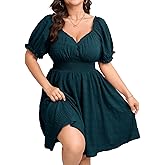 SCOMCHIC Womens Plus Size Summer Dresses Casual Sun Dress Sweetheart V Neck Puff Short Sleeve Smocked A Line Mini Dress