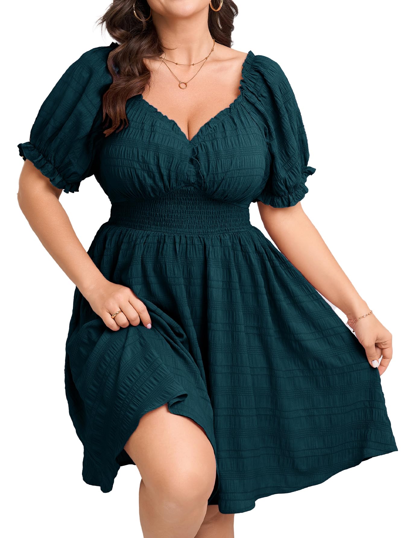 Photo 1 of SCOMCHIC Womens Plus Size Summer Dresses Casual Sun Dress Sweetheart V Neck Puff Short Sleeve Smocked A Line Mini Dress Teal