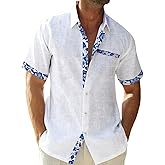 QIVICIMA Men's Hawaiian Shirt Linen Short Sleeve White Pink Sky Blue Button Down Shirt Casual Print Shirts