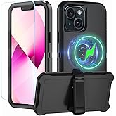 CONWOE Magnetic for iPhone 13 Case,with Belt Clip,[Compatible with Magsafe] W/Tempered Glass Screen Protector,Anti-Drop,Shockproof,Heavy Duty Protection (Black)