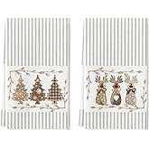Artoid Mode Beige Stripes Deer Xmas Tree Christmas Kitchen Towels Dish Towels, 18x26 Inch Farmhouse Holiday Winter Decoration Cleaning Set of 2