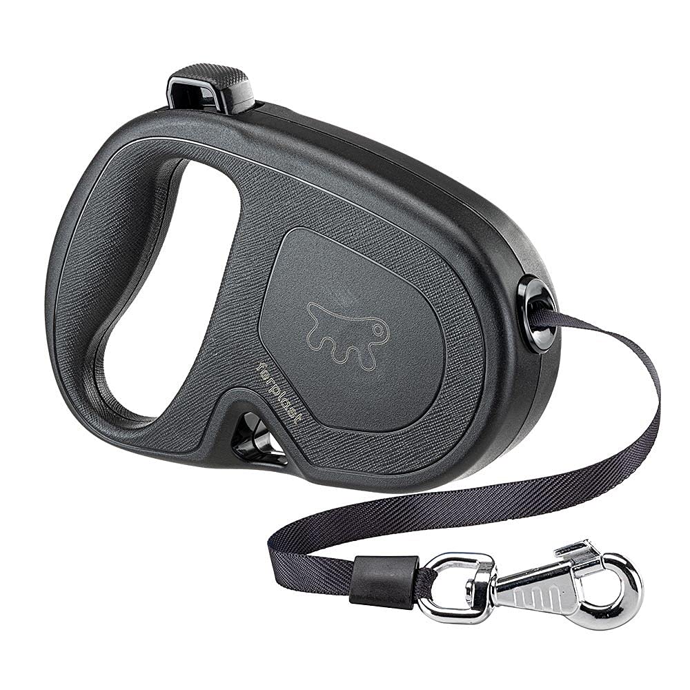Ferplast FLIPPY ONE Extendable Dog Lead - Practical Bag Holder - Single Lock & Release Button - Ergonomic Italian Design - Tape - Max 50 Kg - 5m, Black