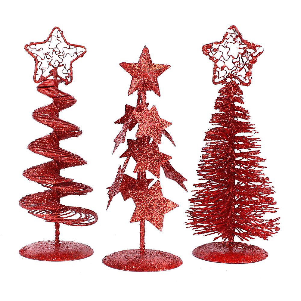 eBuyGB Pack Of 3 Mini Glitter Christmas Tree Ornaments Set, Red