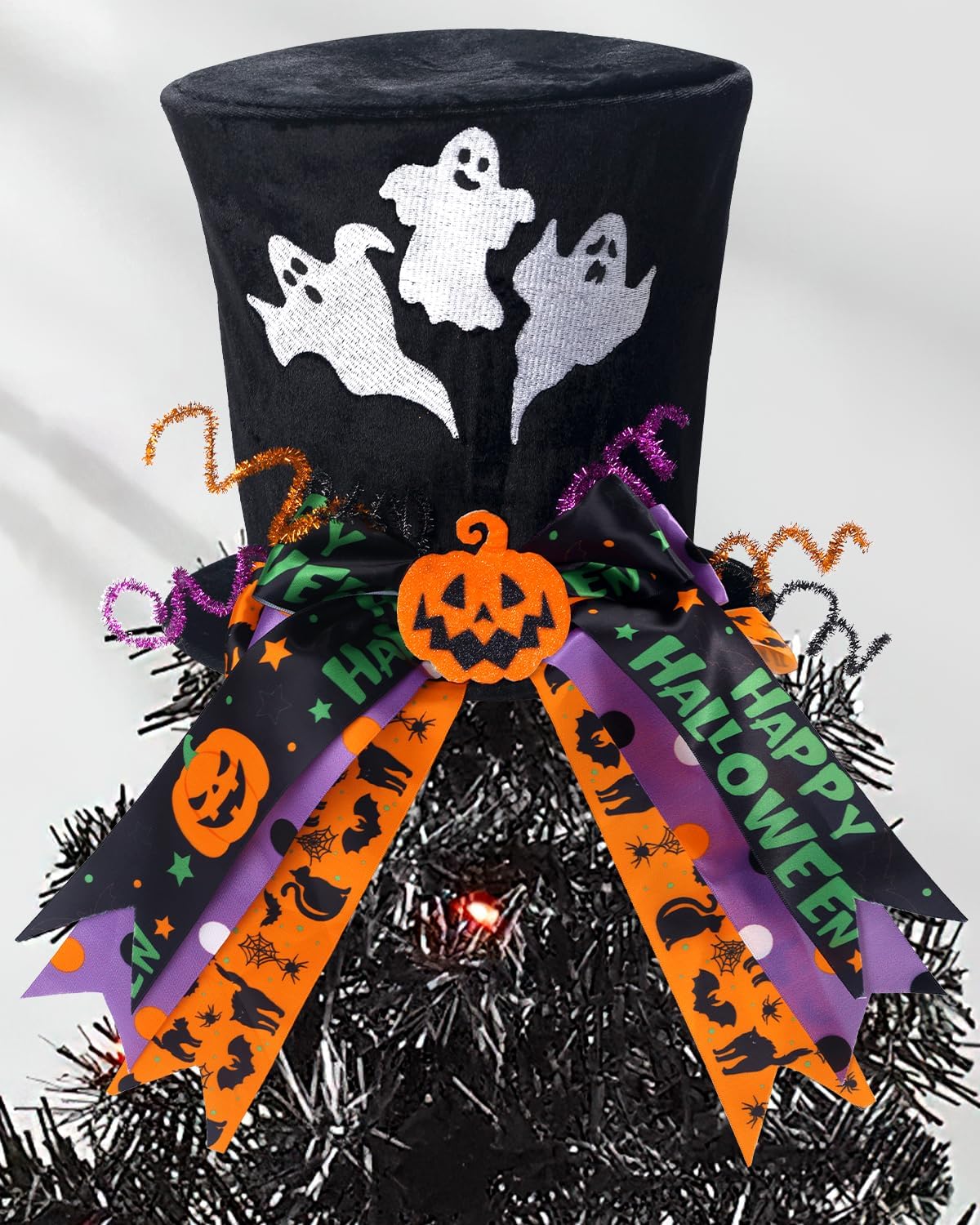 Tree Toppers - CiyvoLyeen Halloween Tree Topper Hat Ghost Tree Topper Velvet Hat with Handmade Bows for Tree Top Pumpkin Black Cat Decoration Halloween Spooky Decor Holiday Home Party Decoration Supplies