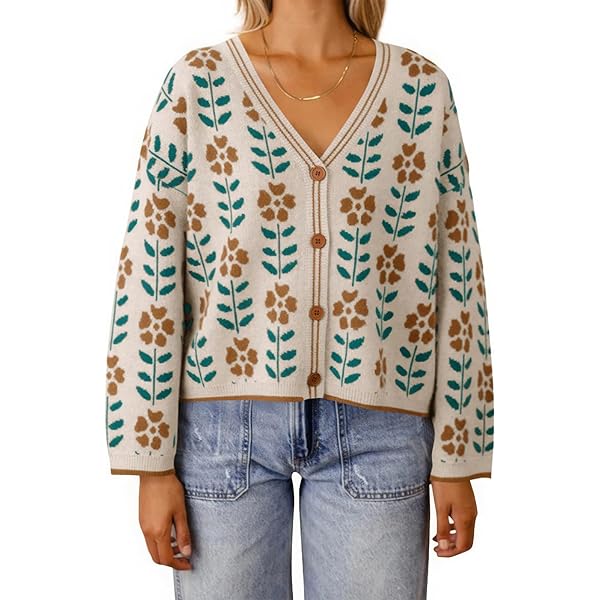Saodimallsu Womens Floral Print V Neck Cardigan Open Front Button