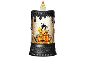 Gorrzai Halloween Snow Globe Candle Halloween Decorations for Home with Timer and Music, USB/Battery Powered Halloween Candle Decor Indoor Black Cat Pumpkin Snow Globe 9.7 inch (Halloween)