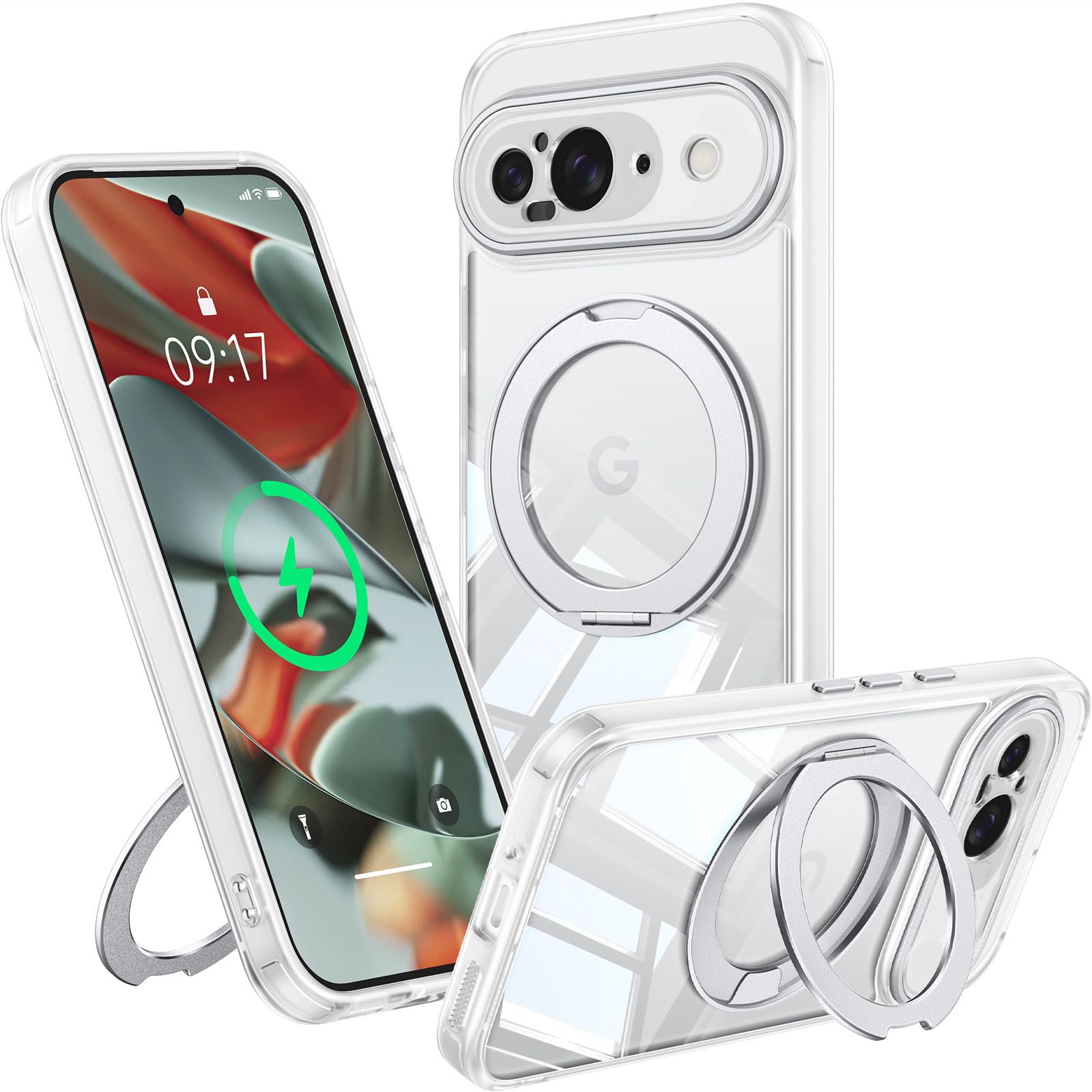 Photo 1 of ?360° Spin Magnetic Stand? Case for Google Pixel 9 ?Fit for MagSafe & Pixelsnap? Cover with Ring Holder ?No-Yellow Crystal Clear? Camera Protection Phone Google Pixel 9 Case - Clear