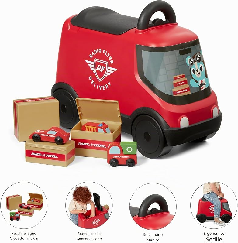 Ride & Deliver Truck, giocattolo rosso da cavalcare per bambini dai 2 anni in su