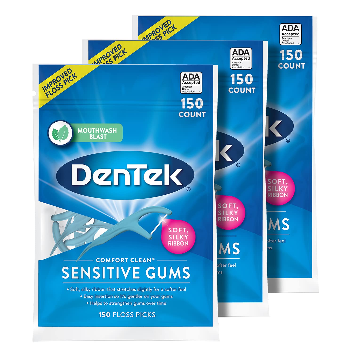DenTek Comfort Clean Sensitive Gums Floss Picks, Soft & Silky Ribbon, 150 Count, 3 Pack : Beauty