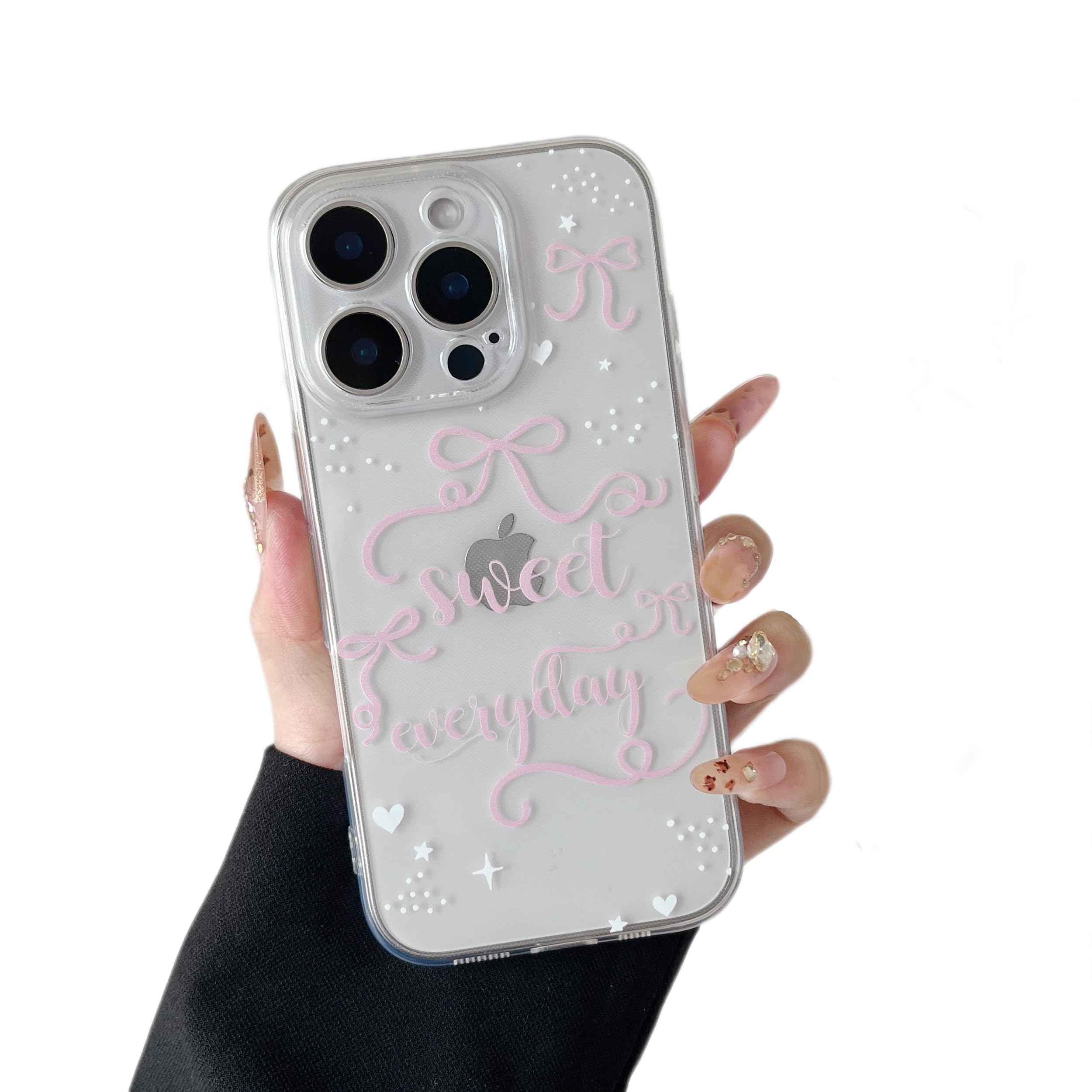 ZTOFERA for iPhone 15 Pro Case Clear,Cute Love Heart Ribbon Bow Tie Aesthetic Phone Case,Transparent Trendy Slim Soft Shockproof Protective Phone Cover for Women Girls,Pink