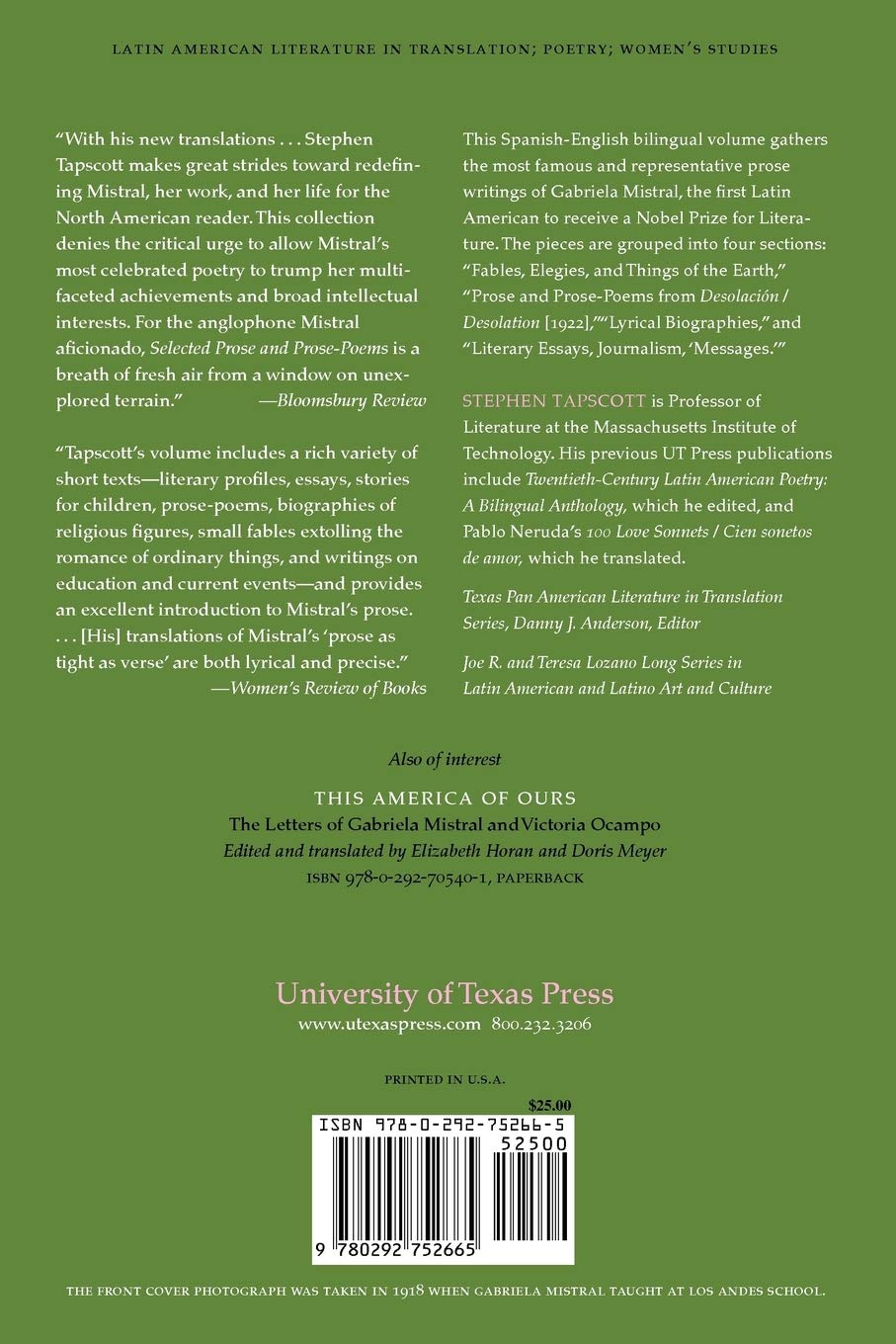 Selected Prose And Prose Poems Texas Pan American Literature In Translation Series Mistral Gabriela Tapscott Stephen Amazon Es Libros