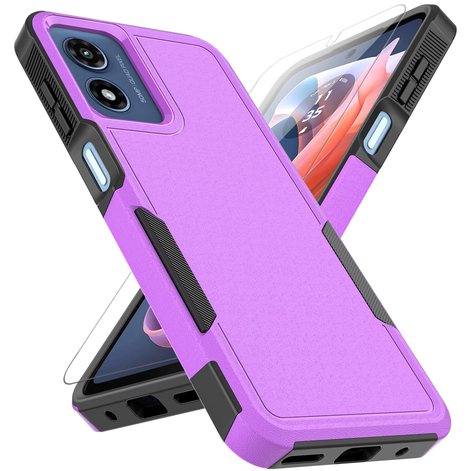 for Moto G Play 2024 Case: Dual Layer Protective Heavy Duty Cell Phone Cover Shockproof Rugged with HD Screen Protector - Military Protection Bumper Tough - Motorola Moto G Play 4G 2024, Purple