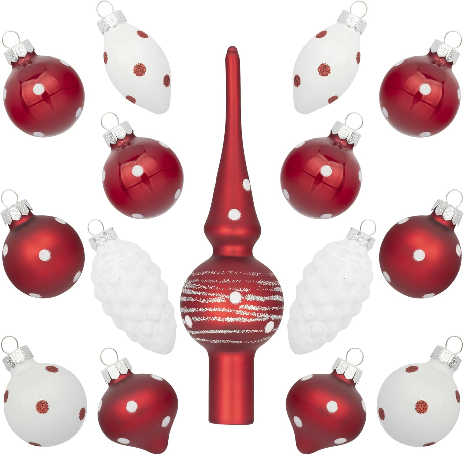 Ornaments - KINGYEE Miniature Ornaments and Tree Topper Christmas Mini Glass Tree Decorations Set of 15 for Tabletop Desktop Tree Wedding Centerpiece (Red and White Polka Dots)