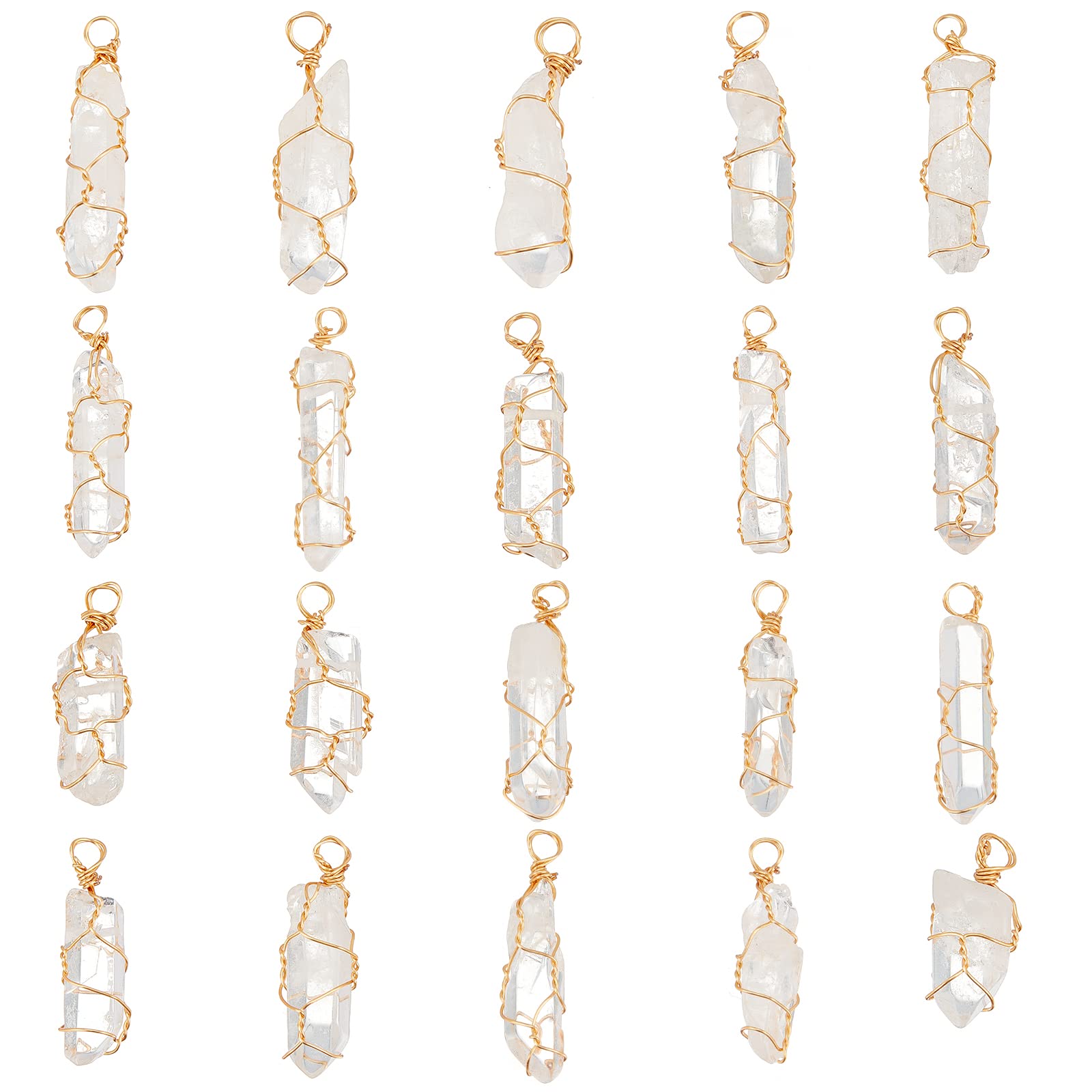 FINGERINSPIRE 20 Pcs Natural Quartz Crystal Pendant Gold Plated Wire Wrapped Quartz Clear Crystal Gemstone Pendant without Chain Healing Stones for Jewelry Making
