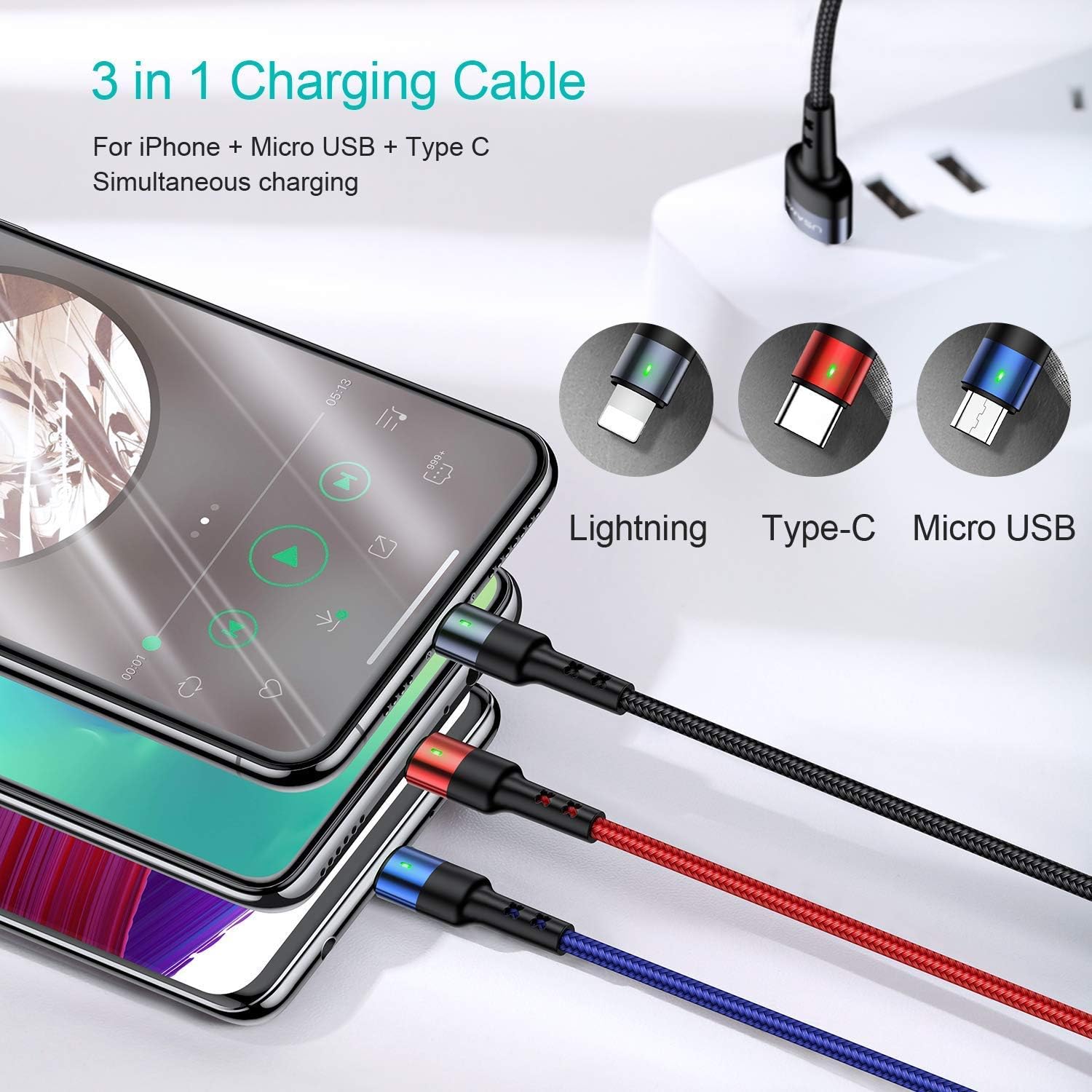 Multi USB Cable, 1ft Multi Charger Cable USAMS 2Pack Short Multi Charging Cable Nylon Braided 3 in 1 Charging Cable Adapter with Type-C,Micro USB Port Connectors for Cell Phones and More (1FT): Home Audio & Theater