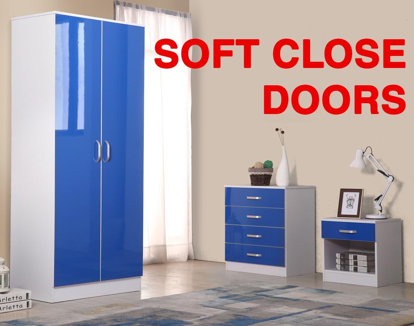 Fairpak Gladini High Gloss 3 Piece Bedroom Furniture Set - Includes Wardrobe, 4 Drawer Chest, Bedside Cabinet (Blue/White)