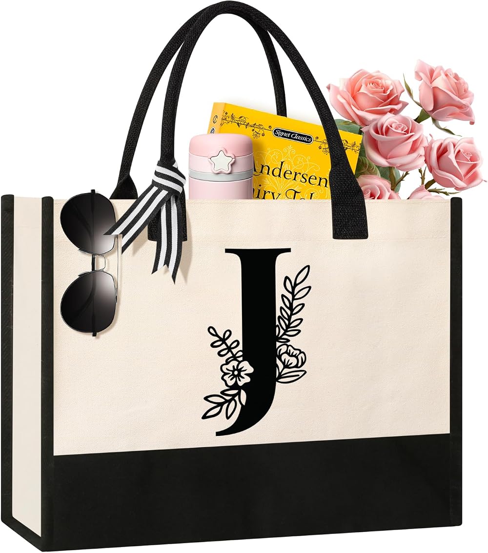 Tecanne Personalized Initial Canvas Tote Bag 17x11.8x7.8 Natural Cotton