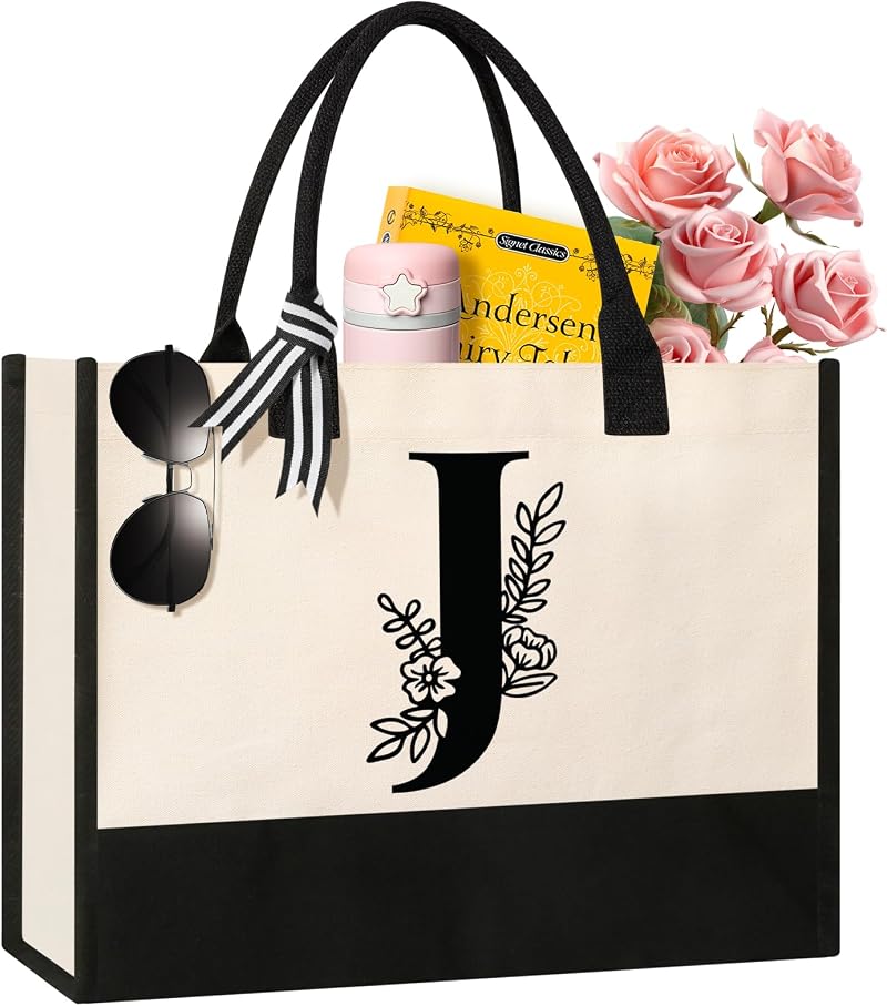 Tecanne Personalized Initial Canvas Tote Bag 17x11.8x7.8 Natural Cotton