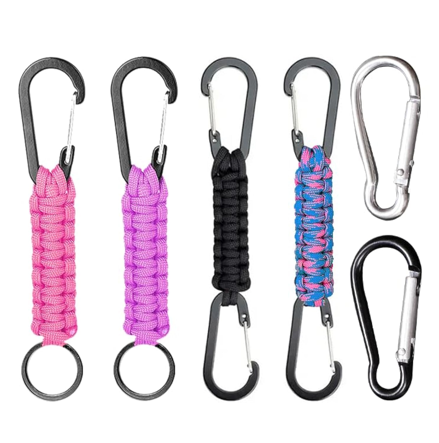 AYNKH 4 Pcs Nylon Rope Woven Keychain with Carabiner Clip and Key Ring, Lanyard Keychain with D-Ring and O-Ring Hook Suitable for Outdoor, Hiking, Camping (with 2 Pcs carabiner clip)