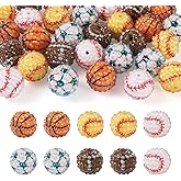 Fashewelry 30pcs Rhinestone Bubblegum Beads 20mm Sport Basketball Football Baseball Rugby Disco Ball Resin Round Gumball Beads for Beadable Pen Lanyards Keychain Bag Chain Jewelry Making