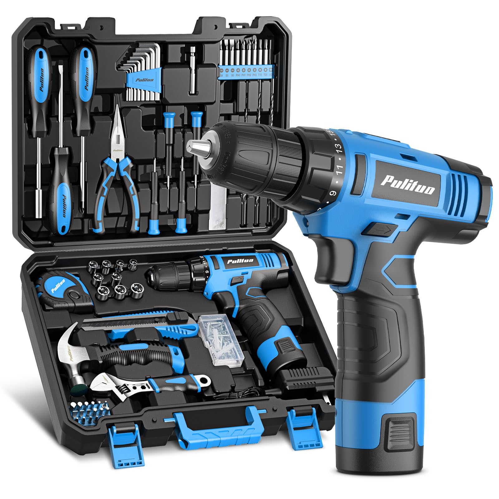 PULITUO Tool Set, 148-Piece Home Drill Set with 12V Blue Cordless Drill, Hand Tool Kits, and Tool Box, Suitable for Men, Women, and DIY Enthusiasts for Home Improvement. Image