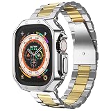 Compatible with Apple Watch Ultra 3/2/1 Band and Case, Stainless Steel Metal Chain with TPU Cover, Smart-Watch Link Bracelet Strap for men, Wrist-Band for i-Watch Ultra, 49mm, Silver+Gold