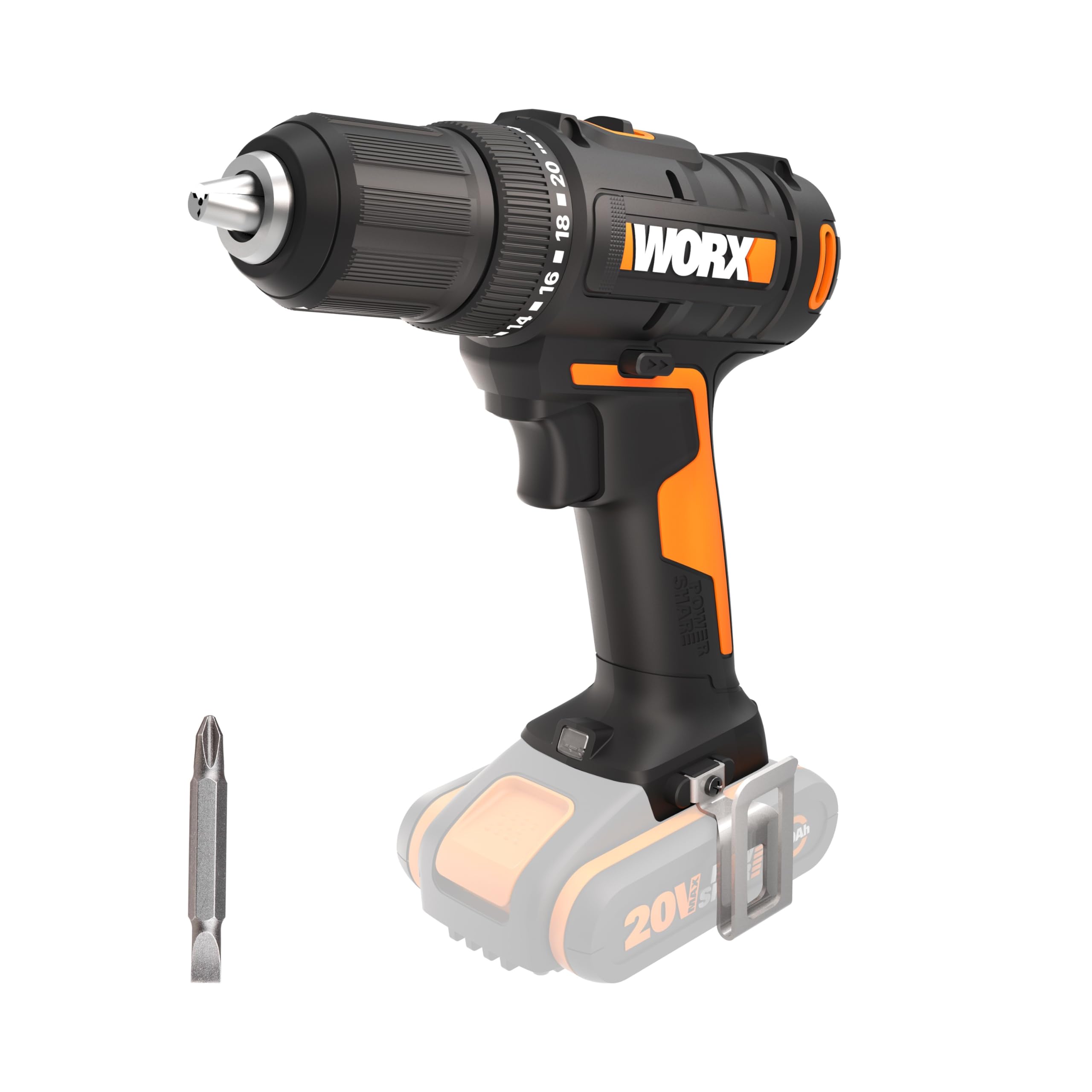 WORX WX108.9 Akku Bohrschrauber 20V – Allrounder Schrauber zum Bohren & Schrauben für Verschiedene Materialien – 2-Gang-Getriebe & 20+1 Drehmomenteinstellung bis zu 45Nm – ohne Akku & Ladegerät