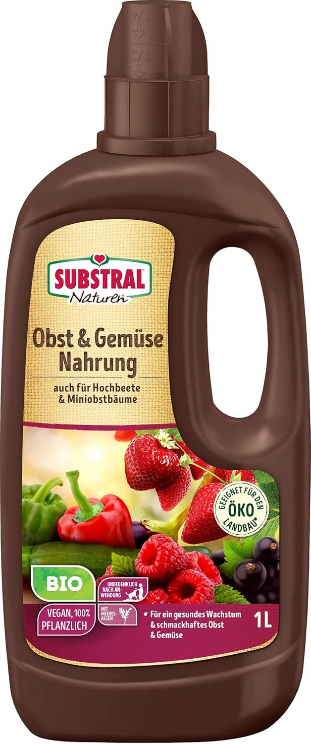 Substral Naturen Bio Obst & Gemüse Nahrung, Organischer Flüssigdünger für alle Obst- & Gemüsepflanzen auf Terrasse, Balkon und Beeten, 1 Liter