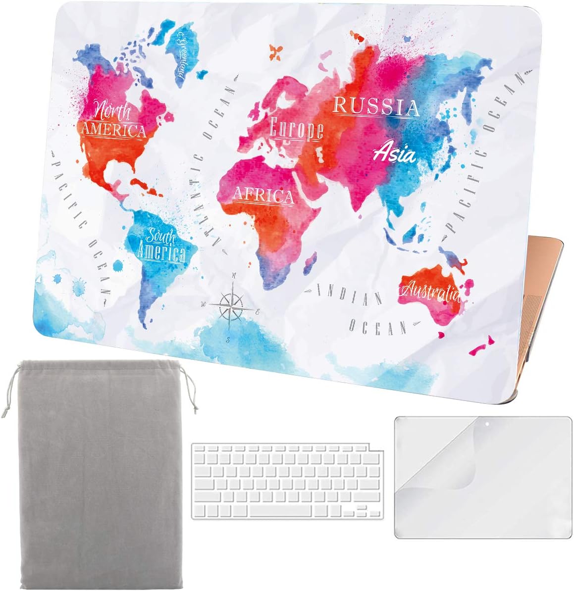 Sykiila for 2020 2019 MacBook Air 13 Inch Case New Model A2179 A1932 with Touch ID & Retina Display 4 in 1 Hard Shell Case & Sleeve & HD Screen Protector & Keyboard Cover - World Map