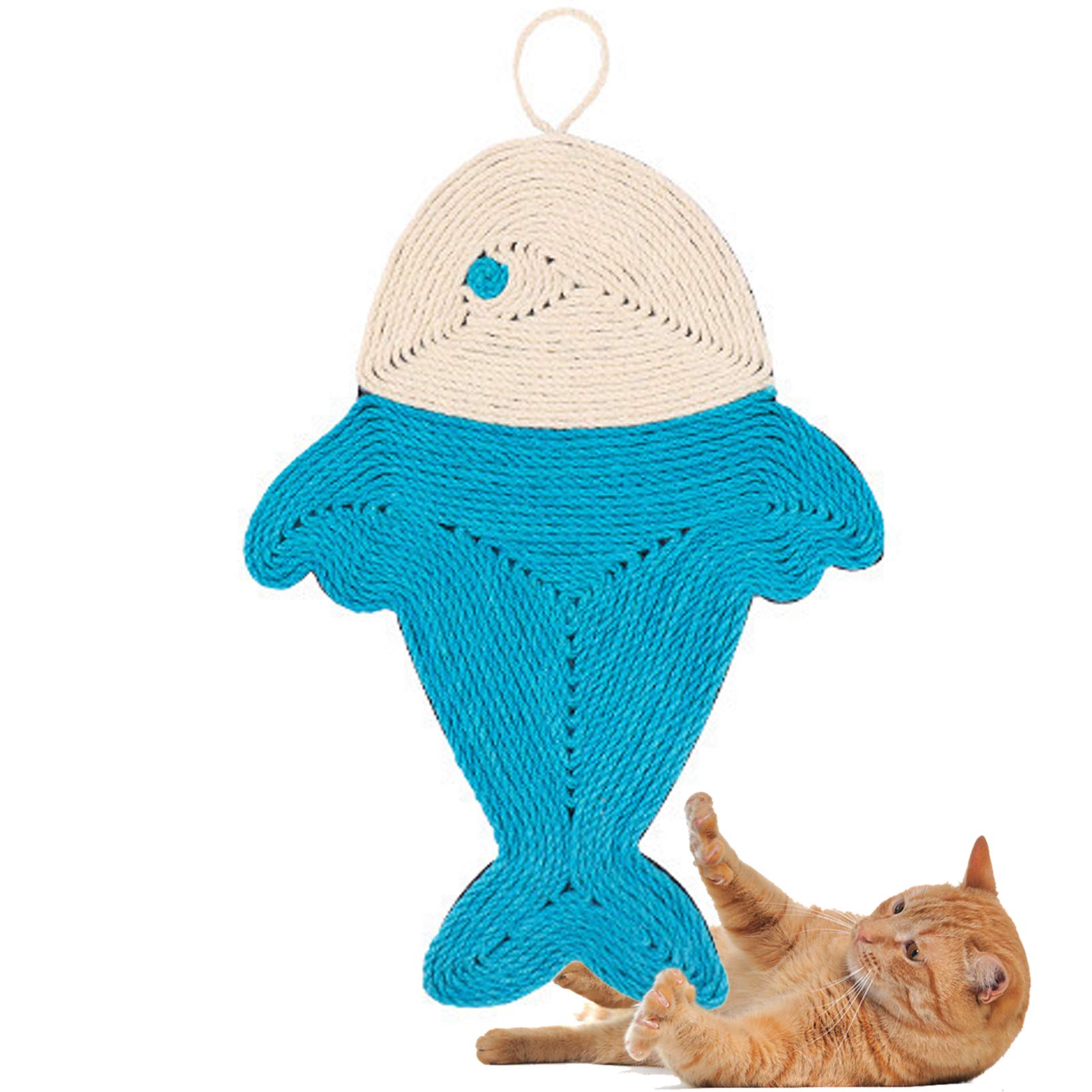 Yiifunglong Fish Shape Cat Scratching Mat, Pet Cat Scratch Pad, Natural Sisal Non-Slip Scratcher Toy Cushion Sleeping Rug with Hanging Rope Protecting Furniture Wall Floor Scratch Pad