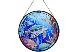 ZZHAOYI 8'' Marine Turtle Stained Glass Window Hanging, Hand Painted Suncatcher Window Decor Sea Turtle Glass Panels Art Decor Ocean Gifts for Women (Turtle B)