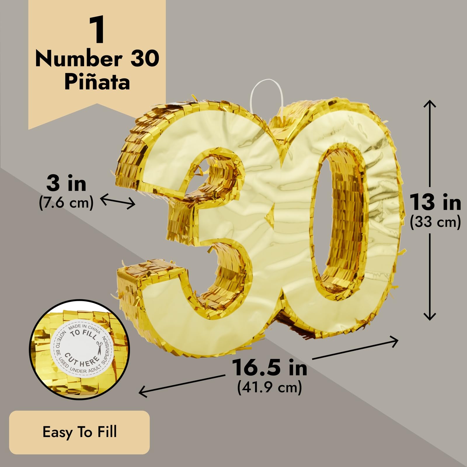 Sparkle and Bash Gold Foil Number 30 Pinata for 30th Birthday Party Decorations, Anniversary Celebrations (Small, 16.5 x 13 x 3 Inches)