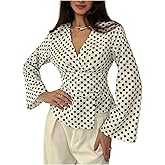 Floerns Women's Elegant Polka Dots Blouse Bell Sleeve Ruched V Neck Business Tops