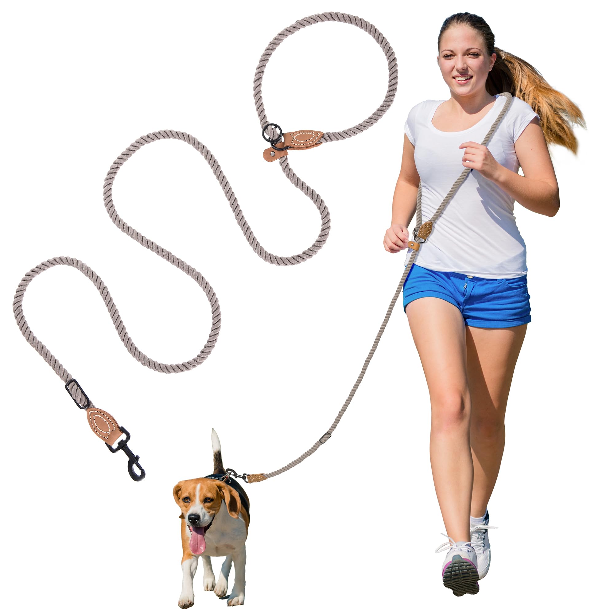 Photo 1 of Mile High Life Hands Free Dog Leash, Crossbody Waist Leash with Genuine Leather Connection, Multifunctional Adjustable Slip Lead for Dog Walking Running (Camel, 7FT)
