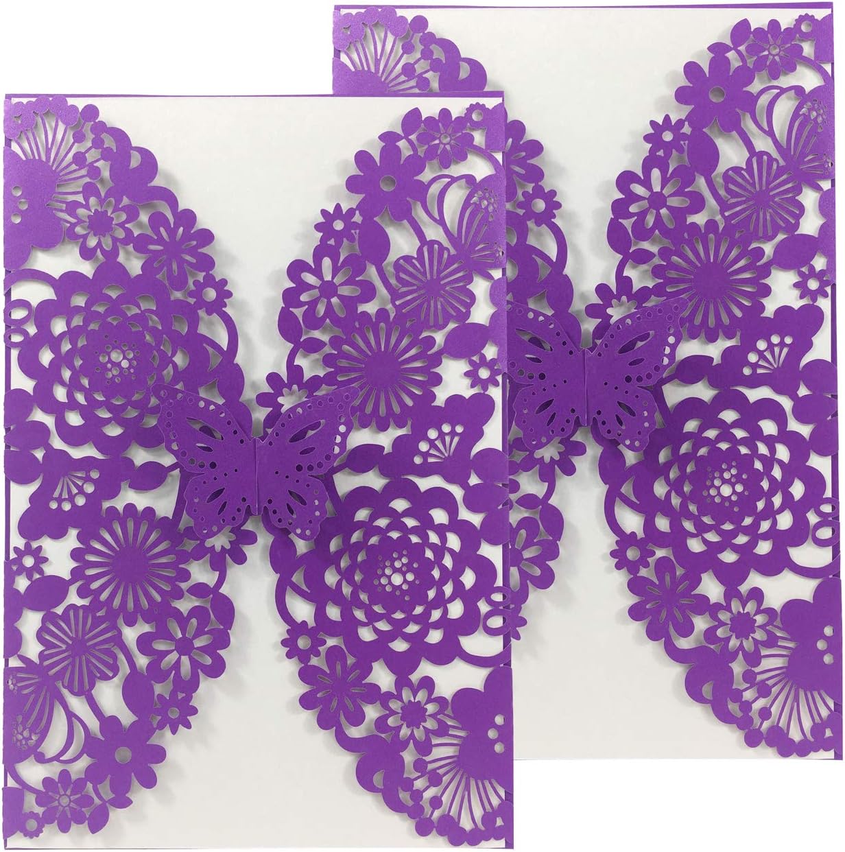 50PCS Paper Laser Cut Bronzing Wedding Baby Shower Invitation Cards with Flower Hollow Favors Invitation Cardstock for Engagement Birthday Graduation (Purple Card)