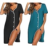 Ekouaer Nightgowns for Women 2 Pack Button Down Sleepshirt Short Sleeve Nightshirt Soft Sleepwear V Neck Pajama Dress
