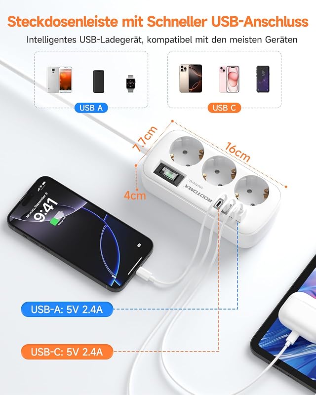 3 Fach Steckdose mit Überspannungsschutz Mehrfachsteckdose 4 USB(2 USB-C) — Foto 4 von 7