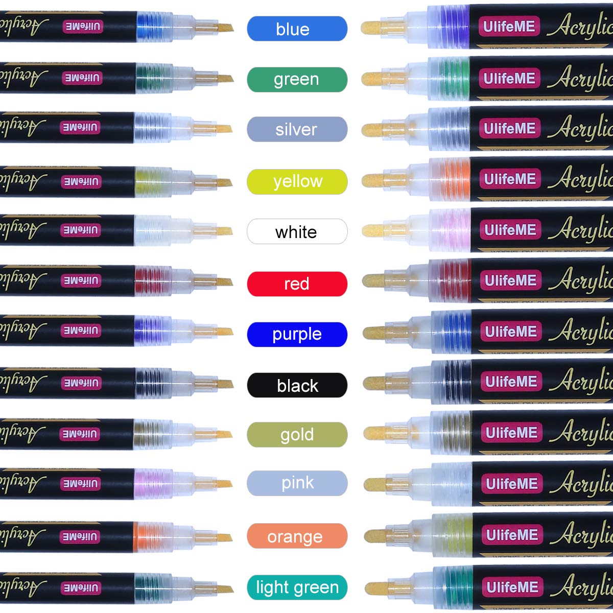 Ulifeme Permanent Marker Paint Pen, 12 Piece 3 mm Acrylic Painting Markers + 12 pieces 6 mm Paint Pens Set for Rock, Pebble and Stone DIY Drawing, 12 Colours Art Chalk for Kids, Round or Chisel Tip