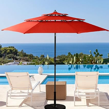 Amazon Com Patiassy 240 Gsm Solution Dyed Fabric 11 Foot 3 Tiers Patio Umbrella Outdoor Patio Table Umbrella With Push Button Tilt Crank And 8 Sturdy Ribs For Garden Lawn Backyard And Pool Red Sports