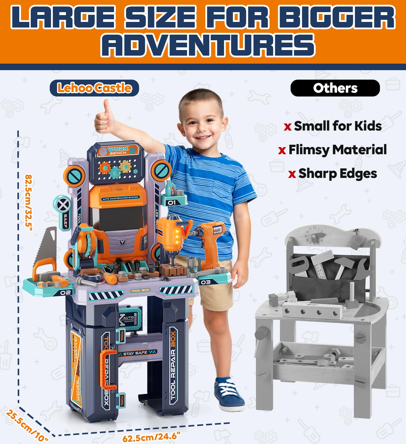 Lehoo Castle Werkbank Kinder 83cm Großformat, Transformierbarer LKW mit Elektrischem Werkzeug Bohrhammer mit Licht & Sound, Werkzeugkoffer Lernspielzeug, Geschenk für Jungen Mädchen ab 3 4 5 Jahren 4