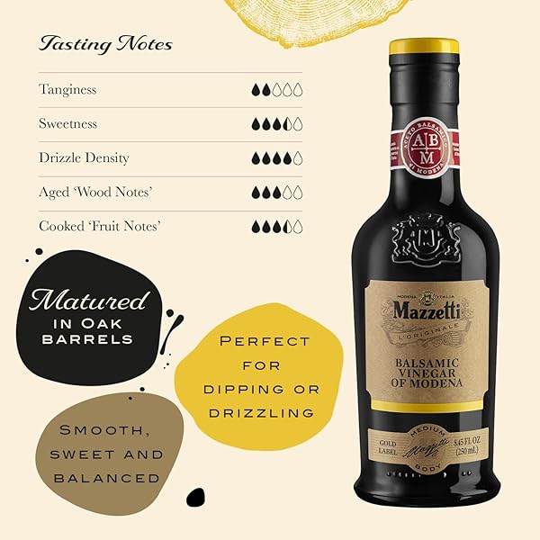 MAZZETTI GOLD LABEL BALSAMIC VINEGAR OF MODENA PGI, 8.45 FL OZ, SMOOTH & BALANCED, MATURED IN OAK BARRELS, PERFECT FOR DIPPING, SALADS, GRILLED MEATS, CRAFTED IN ITALY